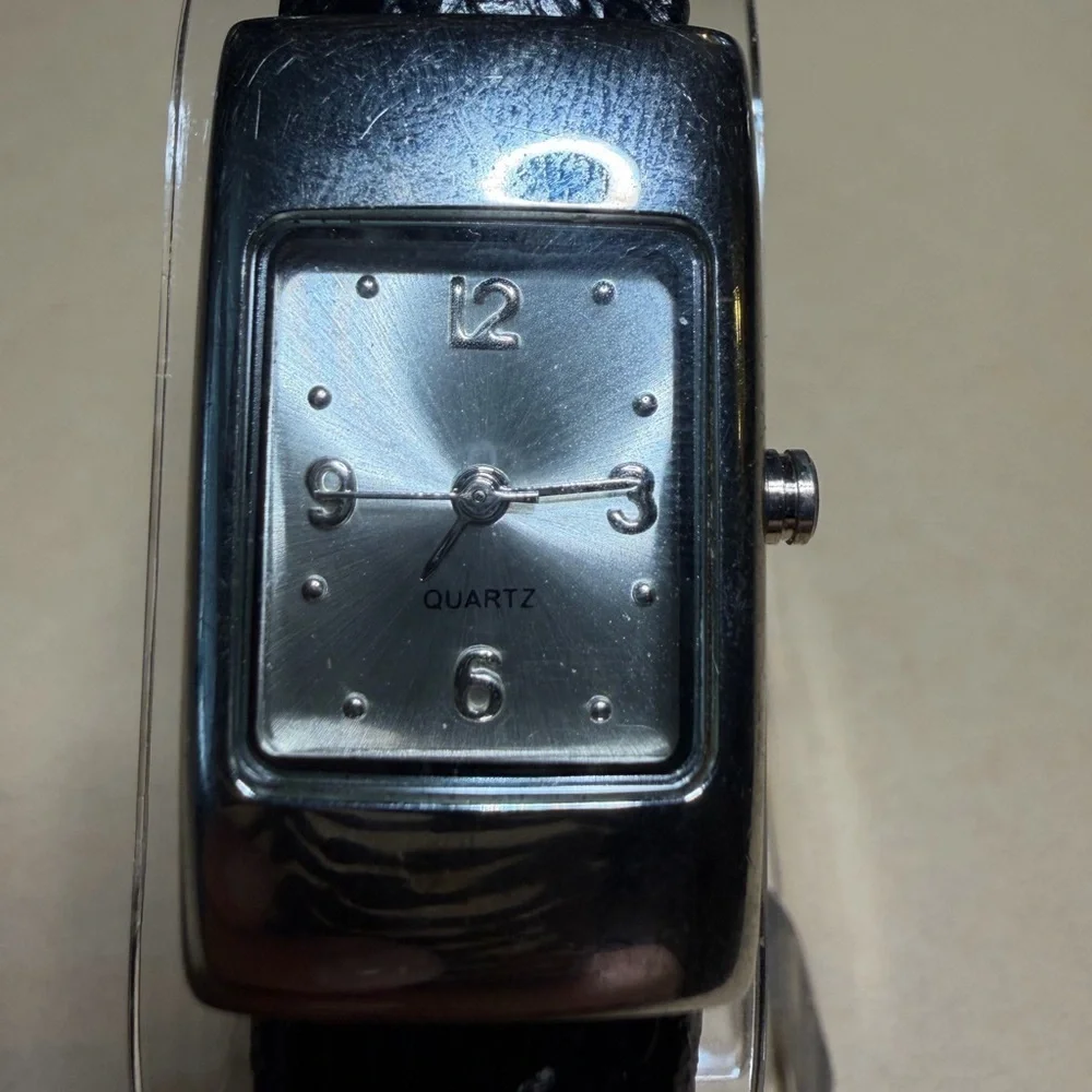 Vintage Geneva Silver and Black Rectangular Cuff Watch